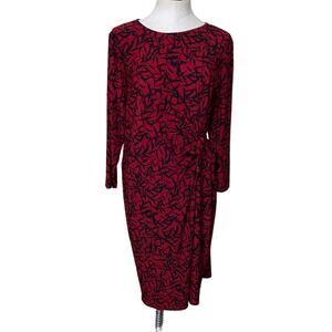 Evan Picone Black Label Red Black Floral Gathered Waist Long Sleeve Dress Sz XL